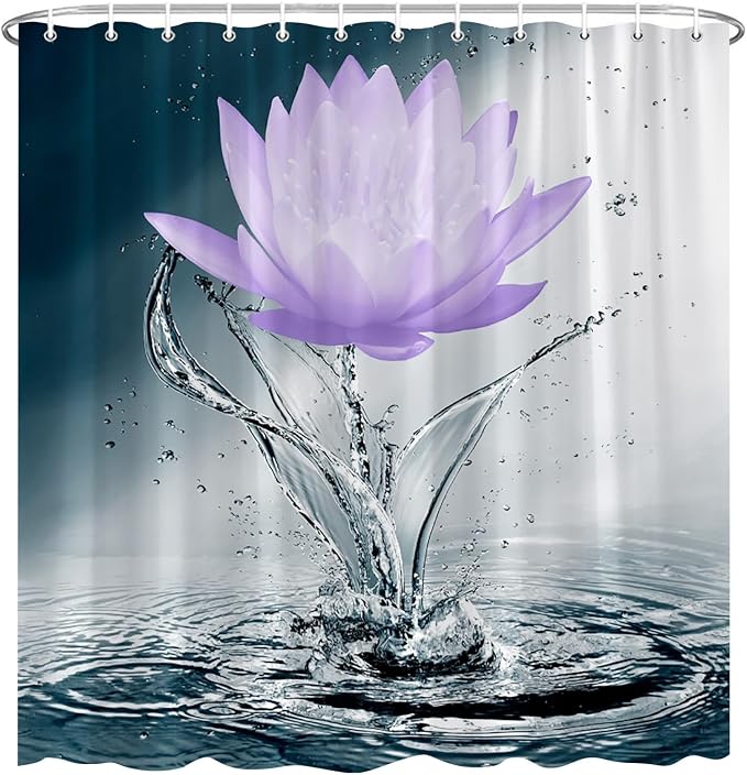 Lotus Shower Curtain Black White Blue Violet Flower Elegant Blooming Floral - Image 2