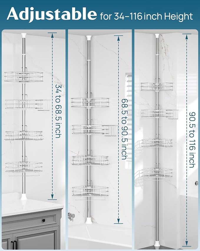 SEIRIONE Corner Shower Caddy Tension Pole, Quick Setup, Rust-Free Bathroom - Image 2