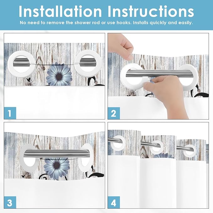 No Hook Blue Flower Shower Curtain - Image 5