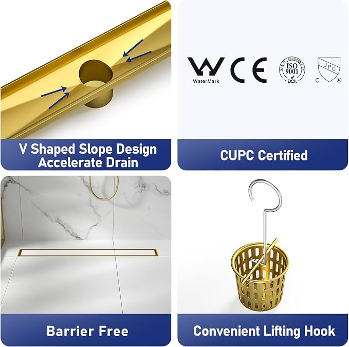 Linear Shower Drain 24", Brushed Gold Floor Drain - Image 2