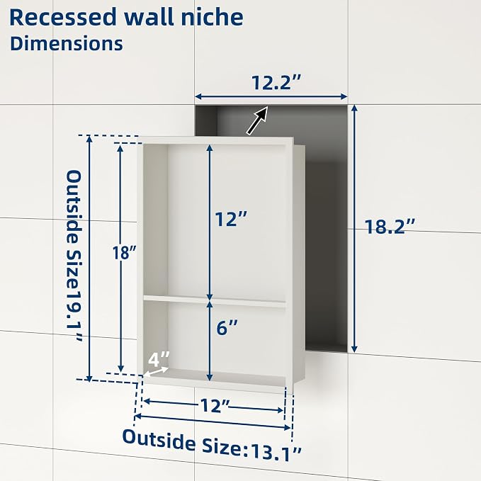Neodrain 12X18 Inch White Double Shelf Stainless Steel Shower Niche, No Tile - Image 3