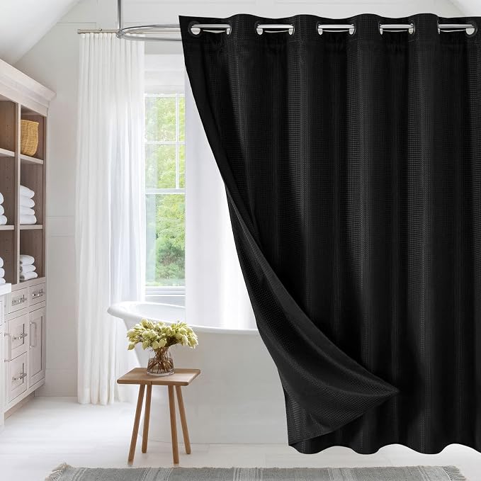 MitoVilla Black Waffle Long Shower Curtain Liner Set 72 x 80, No Hooks Required by MitoVilla