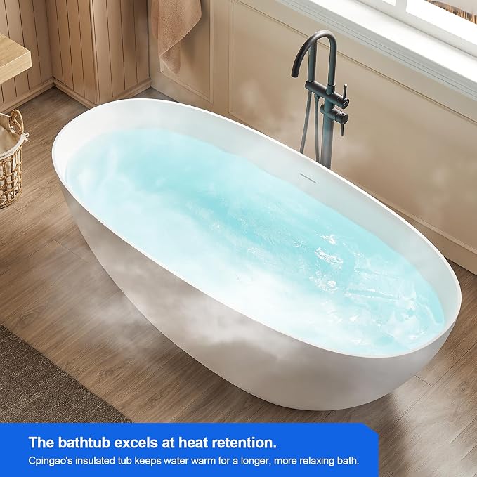 Cpingao 63" Solid Surface Freestanding Bathtub, Modern Oval Shape Soaking Tub - Image 5