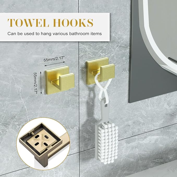Bathroom Accessory Towel Bar Set: 5 Pieces Gold Bathroom Hardware Square SUS304 - Image 5