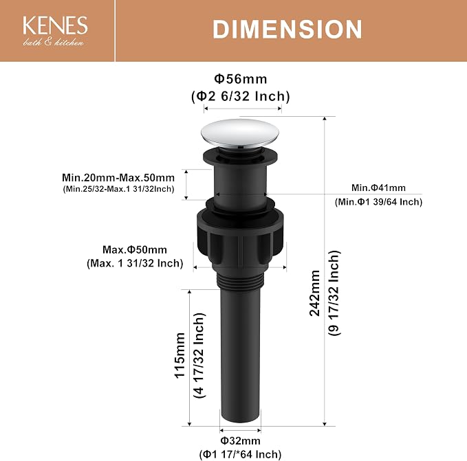KENES Bathroom Vessel Sink Pop Up Drain Assembly Without Overflow, Chrome - Image 6