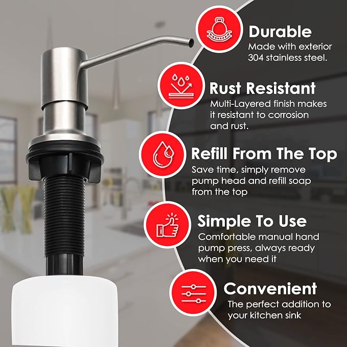 Soap Dispenser for Kitchen Sink, Fit 1-to-1.25-inch Hole, Built in Soap - Image 8