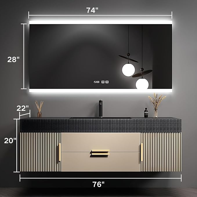 76" Bathroom Vanity with Single Sink, Floating Bathroom Vanities with LED Smart - Image 2