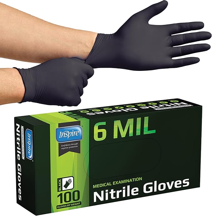 Inspire Black Nitrile Gloves HEAVY DUTY 6 Mil Nitrile Chemical Resistant by Inspire