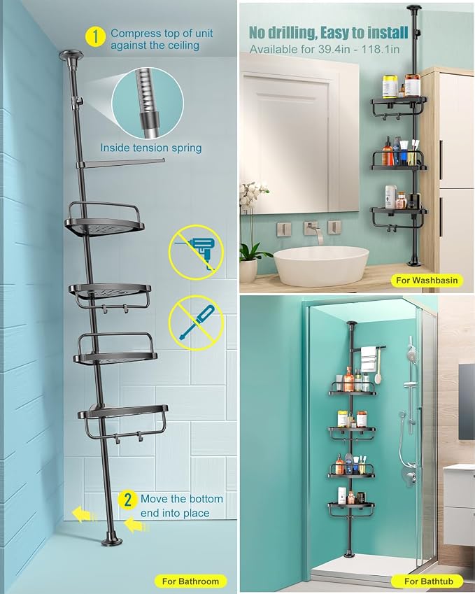 ADOVEL 4 Layer Corner Shower Caddy, Stainless Steel Constant Tension Pole - Image 6