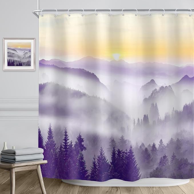 Riyidecor Misty Mountain Shower Curtain 72Wx72H Inch Purple Sunrise Nature - Image 3