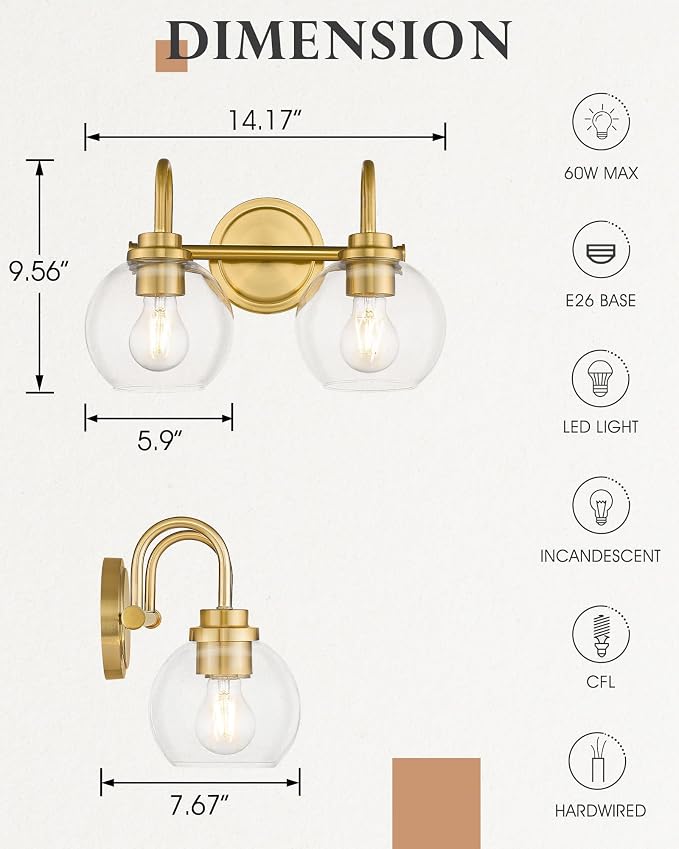 Bathroom Light Fixtures, 2-Light Brushed Gold Vanity Lights - Image 4