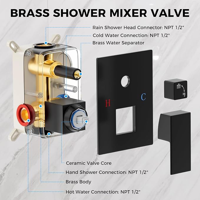 10" Matte Black Rainfall Shower Faucet Set - Image 6