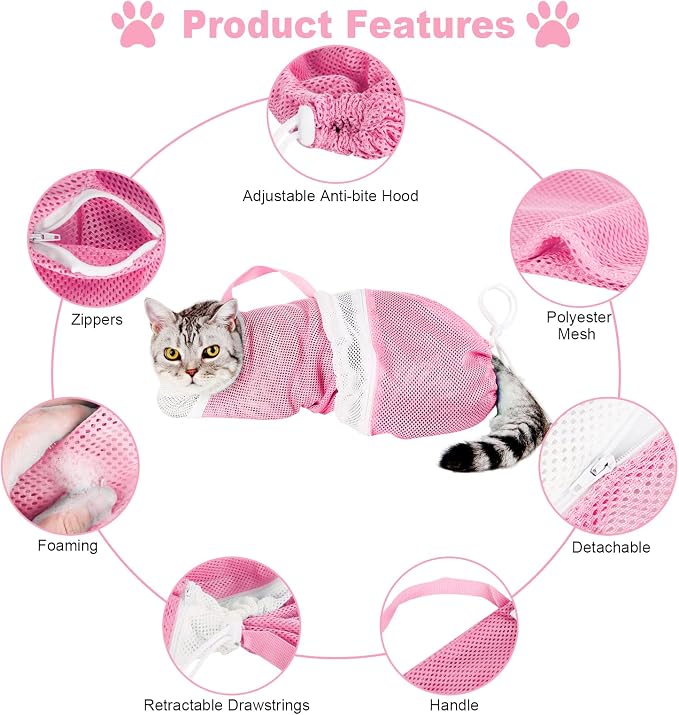 Cat Bathing Bag Set 8 PCS with Cat Shower Net Bag Breathable Mesh Cat Muzzle - Image 2