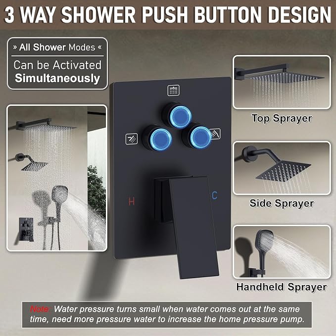 Shower Faucet Set Matte Black Shower System, Push Button Diverter 3-Way Shower - Image 2