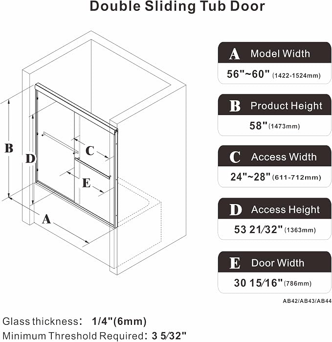 56-60″x 58″ Semi-Frameless Sliding Bathtub Shower Door, 1/4" Tempered Glass - Image 2