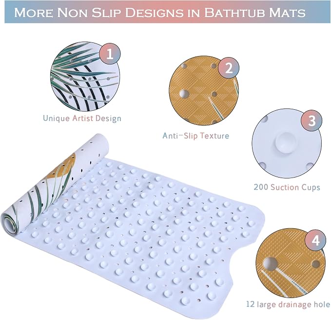 Bathtub Mat Non Slip Boho 40x16in Palm Leaves Extra Long Bohemia Bath Mat - Image 4