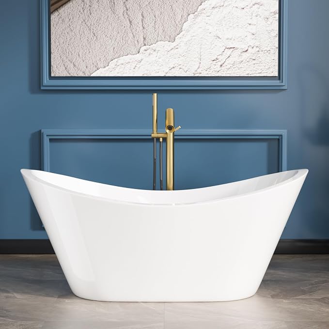 Sarlai 59 Inch Acrylic Freestanding Soaking Bathtub Contemporary Soaking White by Sarlai
