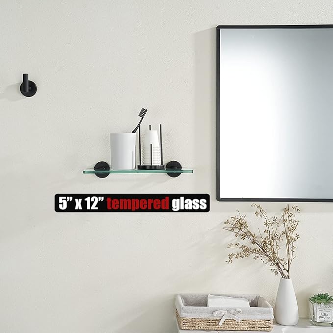 JQK Bathroom Glass Shelf Black, Tempered Glass Shower Storage 12 by 5 inches - Image 2