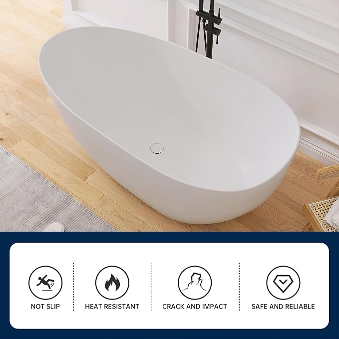 59" Stone Resin Freestanding Bathtub, Oval Solid Surface Bathroom Freestanding - Image 6
