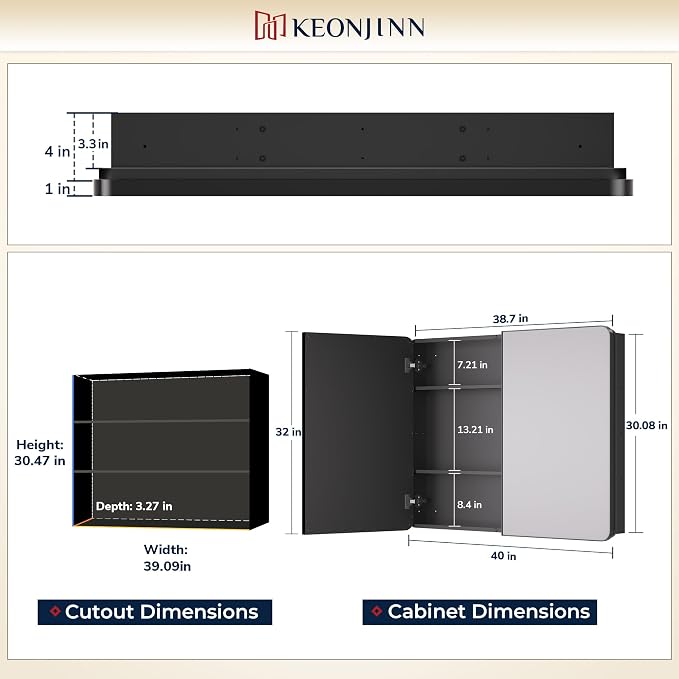 Keonjinn 40 x 32 Inch Large Black Medicine Cabinets, Recessed Bathroom Medicine - Image 3