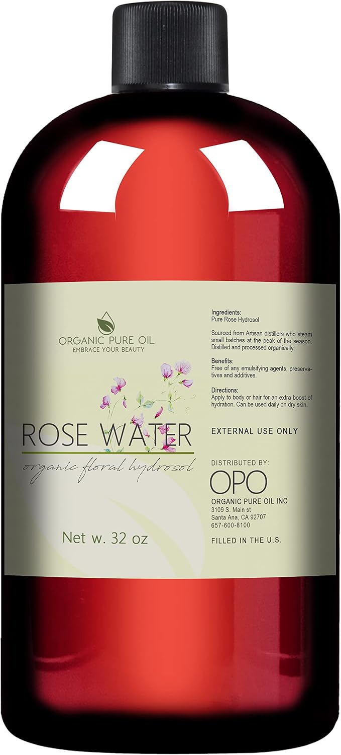 32 oz Rose Hydrosol Water – 100% Pure Rosewater Spray Mist Bulk – Hydrating by OrganicPureOil