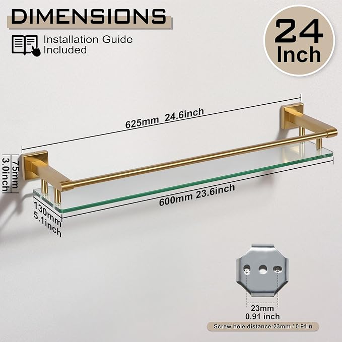 Glass Shelf for Bathroom 24 inch Rectangular Stainless Steel Wall Sheves - Image 3