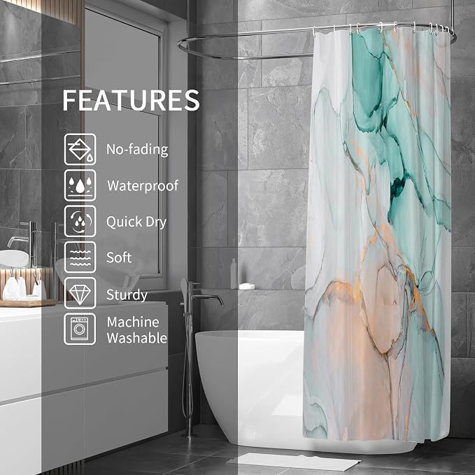 Gibelle Abstract Marble Shower Curtain, Teal Grey Fabric Shower Curtain - Image 2