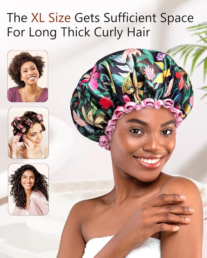 mikimini Large Shower Cap for Women Long Hair, Rainforest Bath Shower Caps - Image 5