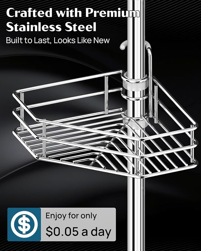 SEIRIONE Corner Shower Caddy Tension Pole, Quick Setup, Rust-Free Bathroom - Image 3