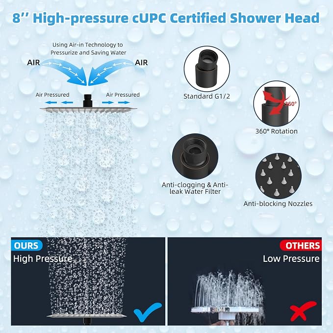 Hibbent All Metal CUPC Certified 8'' Rain Shower Head, Dual Shower Head Combo - Image 6
