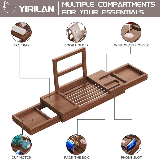 Yirilan Bamboo Bathtub Tray, Expandable Bathroom Tray - Image 2