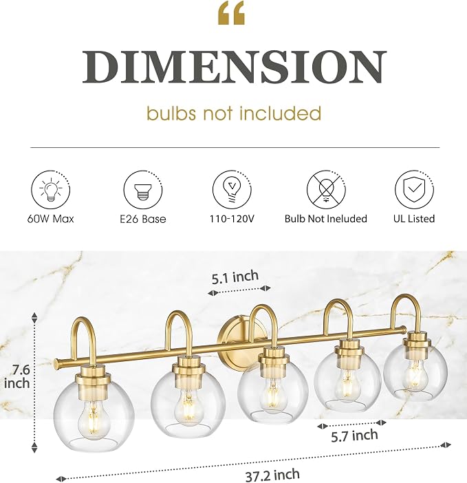 Bathroom Light Fixtures, 5-Light Brushed Gold Vanity Lights - Image 2