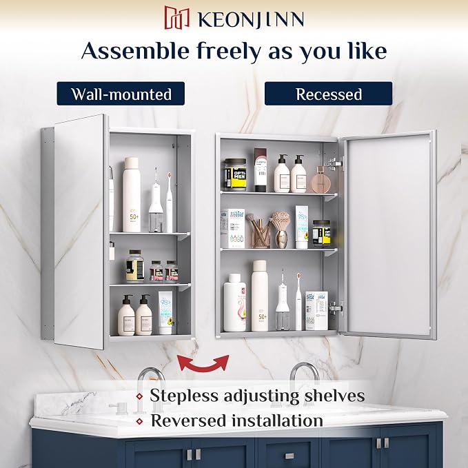 Keonjinn 36 x 24 Inch Bathroom Mirrored Medicine Cabinet, Lightweight Aluminum - Image 5