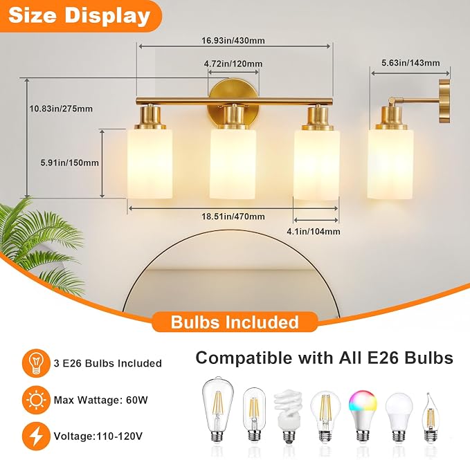 DLLT 3-Light Bathroom Light Fixtures: Gold Modern Vanity Lights - Image 6