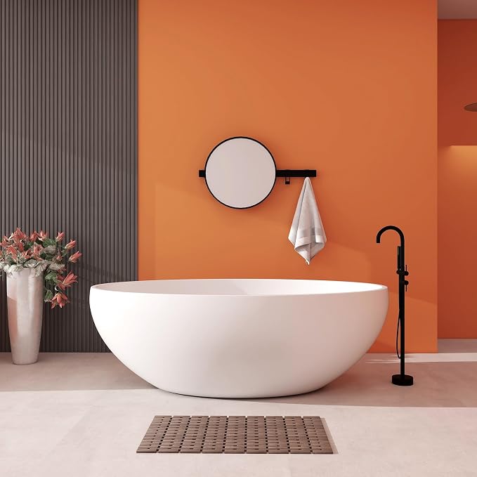 Upgraded 67" Stone Resin Freestanding Bathtub, Oval Solid Surface Extra Wide Tub by HIGEINE