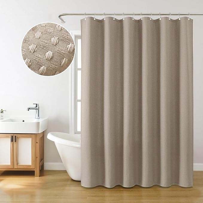 Inhousolu Fabric Shower Curtain Waffle Weave, 230 GSM Heavy Duty, Weighted Hem - Image 7