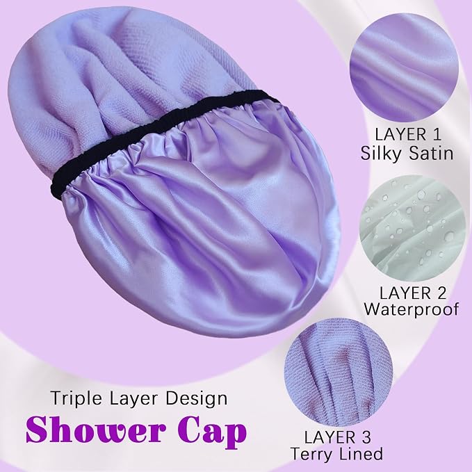 Shower Cap Reusable Waterproof, Terry Lined Shower Caps - Image 2