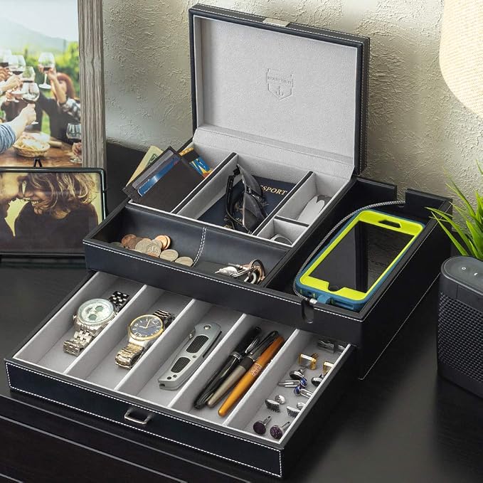HOUNDSBAY Admiral Dresser Valet Box & Mens Jewelry Box Organizer by HOUNDSBAY