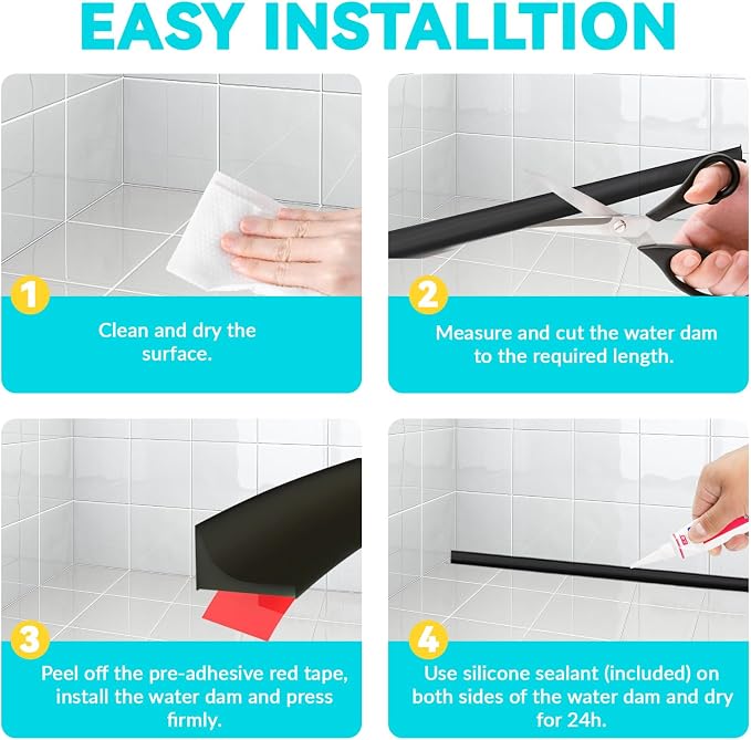 Shower Threshold Water Dam Barrier 39", Silicone Sealant Included, Collapsible - Image 7