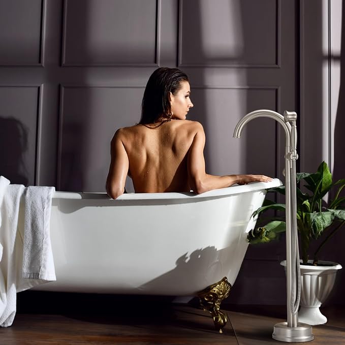 Brushed Nickel Freestanding Bathtub Faucet, Brass Floor Mount Tub Faucet High - Image 9