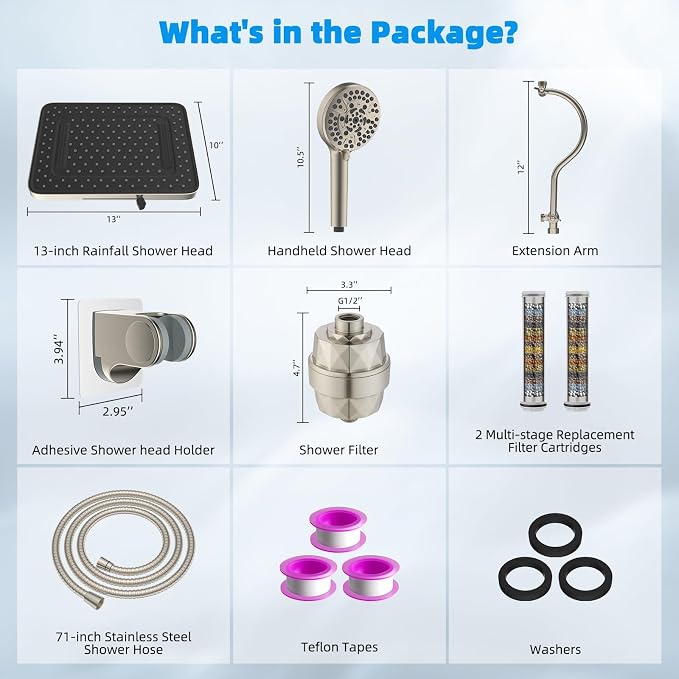 Hibbent 5-spray 13'' Dual Filtered Rainfall Shower Head Combo, High Pressure - Image 8