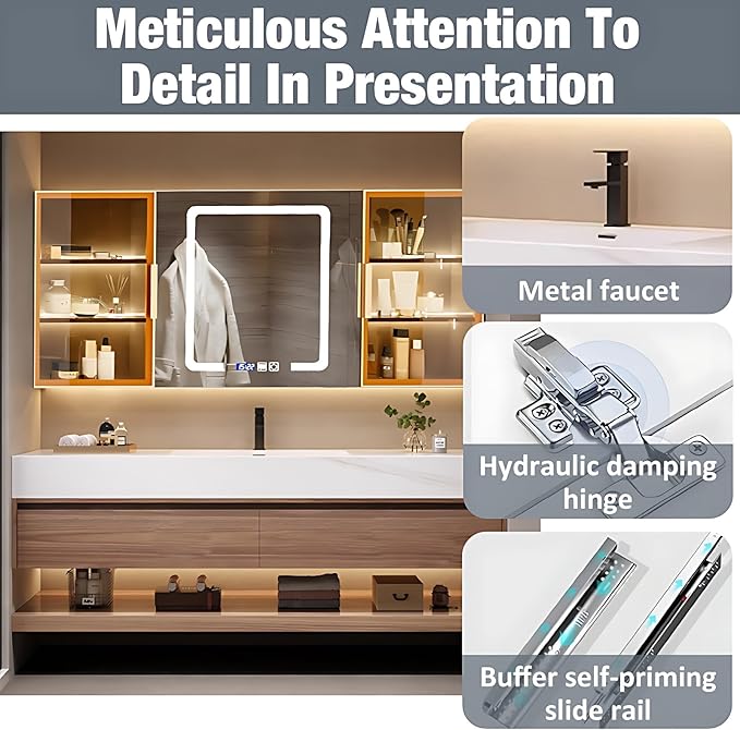Single Sink Bathroom Vanity, Bathroom Cabinet has LED Lights Fog Mirror & Solid - Image 8
