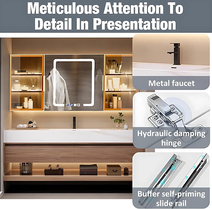 Single Sink Bathroom Vanity, Bathroom Cabinet has LED Lights Fog Mirror & Solid - Image 8
