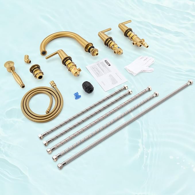 Roman Bath Tub Faucet Set with Sprayer, 5 Hole Widespread Deck Mount Bathtub - Image 7