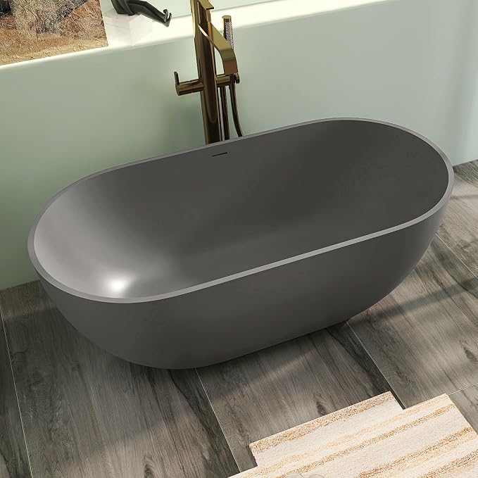 59" Premium Solid Surface Free Standing Bathtub, Oval Stone Resin Tub - Image 2