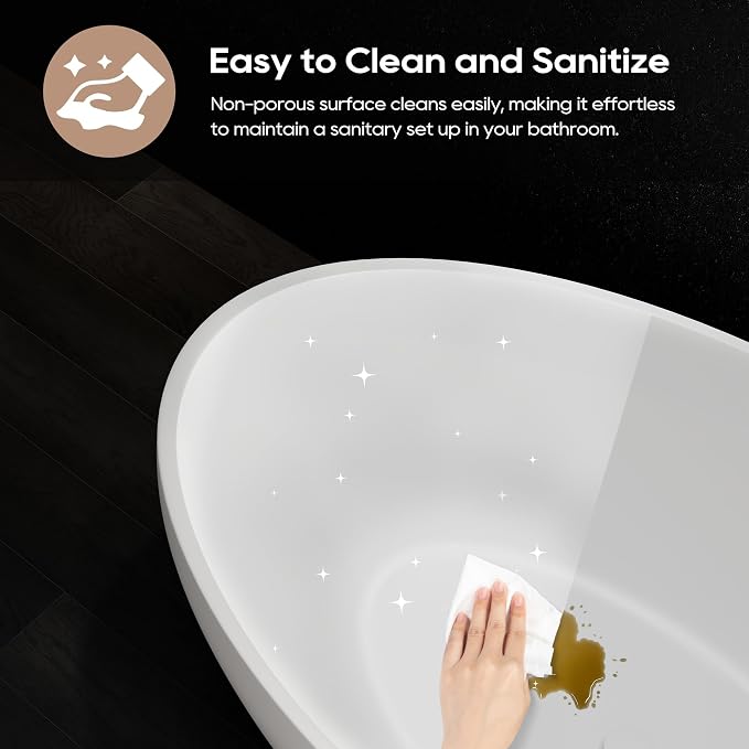 SJ STAR&JANE 55" Solid Surface Freestanding Bathtub, Stone Resin Oval Soaking - Image 5