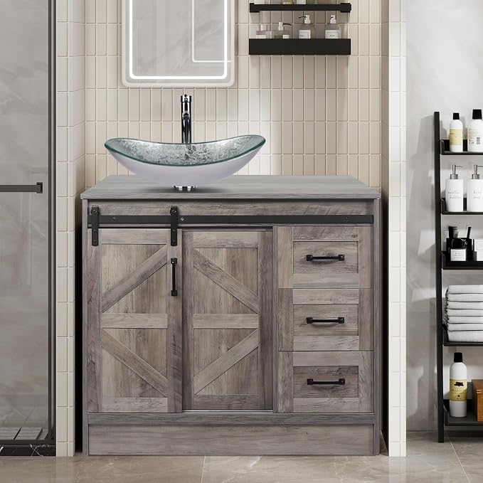 36 Inch Barn Door Bathroom Vanity, Farmhouse Style Standing Pedestal Cabinet by Solidee