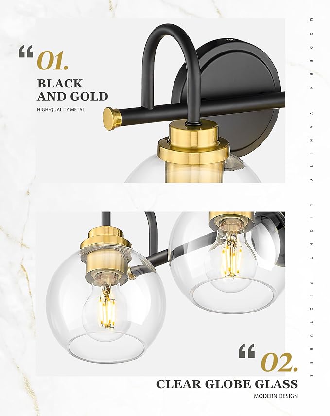 Bathroom Light Fixtures, 3-Light Black and Gold Vanity Lights - Image 3