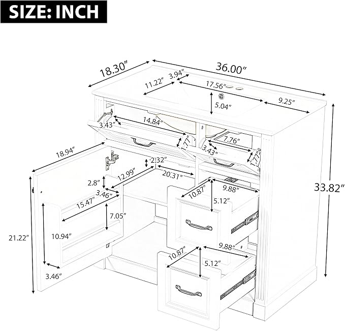 36 in Bathroom Vanity with Sink, Drawers and Flip-Out Drawers, Modern Solid - Image 2