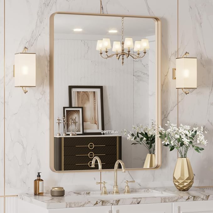 LOAAO 20”X30” Gold Bathroom Mirror, Rounded Rectangle Gold Frame Mirror - Image 4